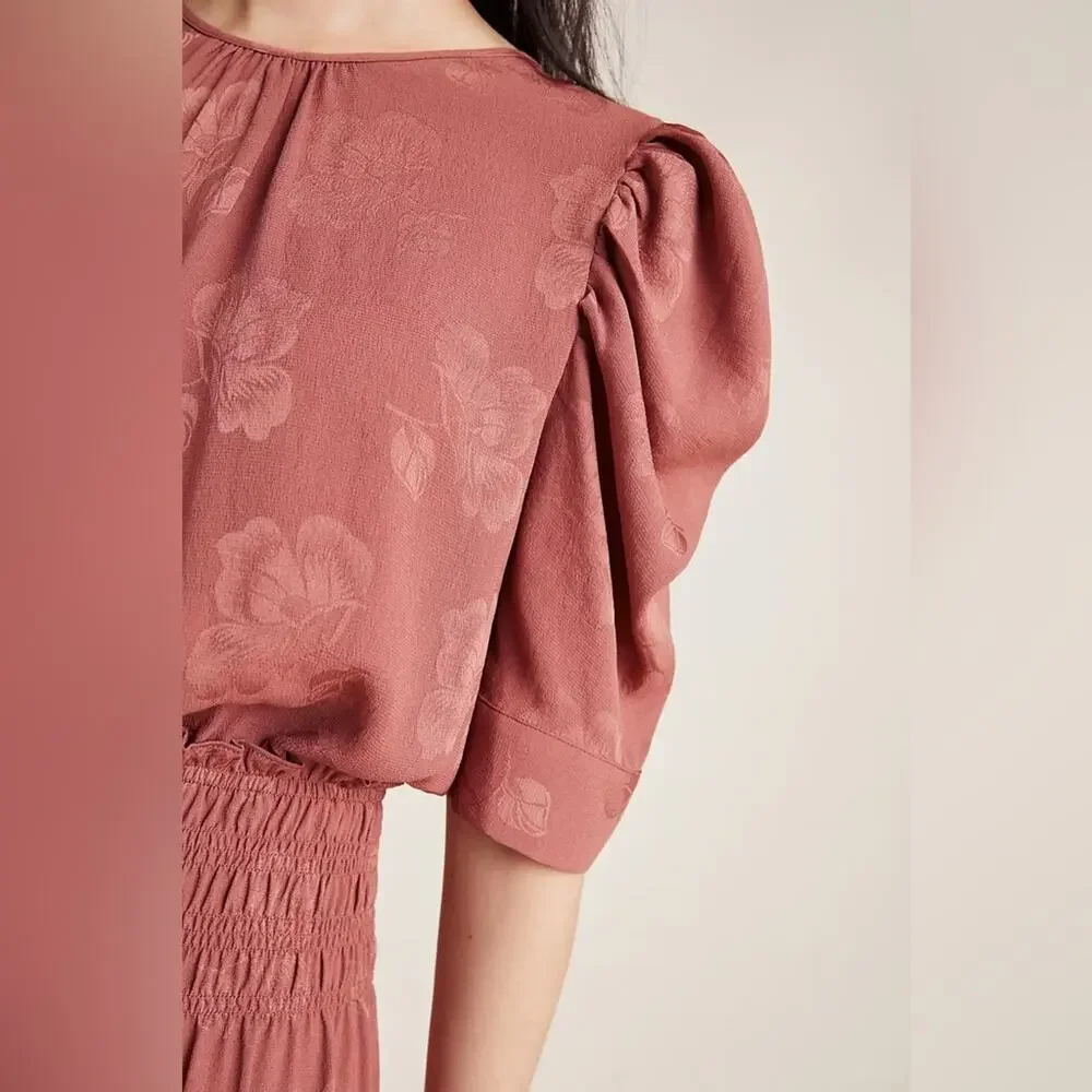 Anthropologie Castille Satin Jacquard Wide Leg Jumpsuit in Rose/Brown Sz Small